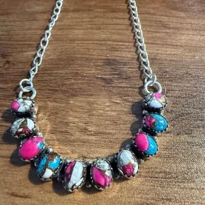 Cotton Candy Dalhia Turquoise Gemstone Necklace Silver‎